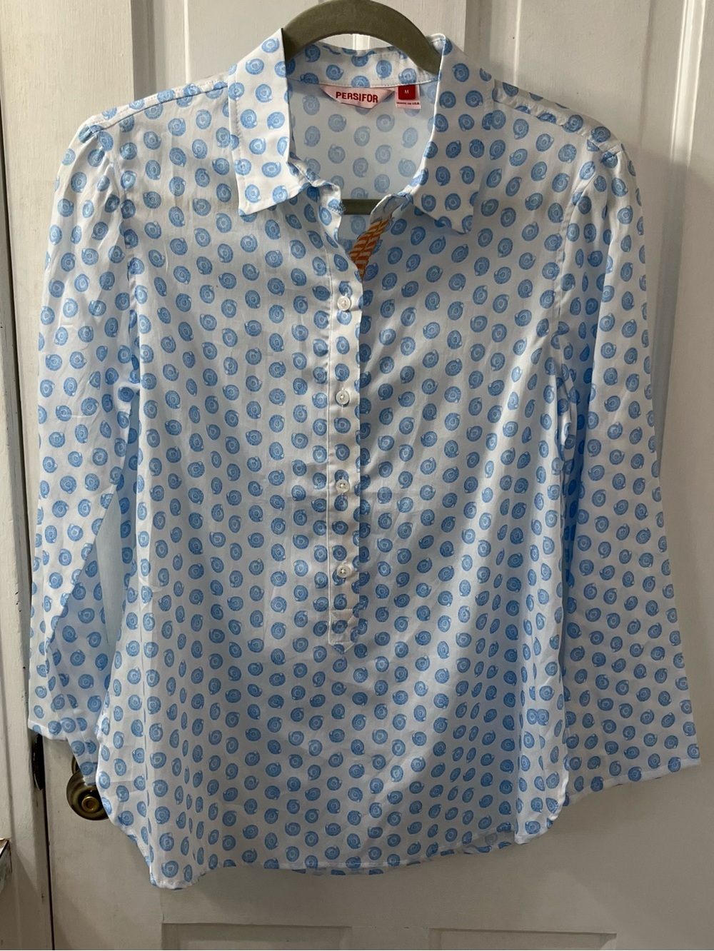 Persifor Blue White Coastal Shell Pattern Button Front Tunic Shirt Size Medium